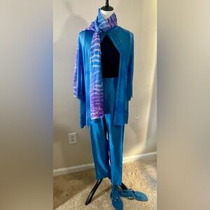 Marina Rinaldi Designer 2pc Silk Pant Set, Sheer Beaded Jacket, Scarf & Sandals